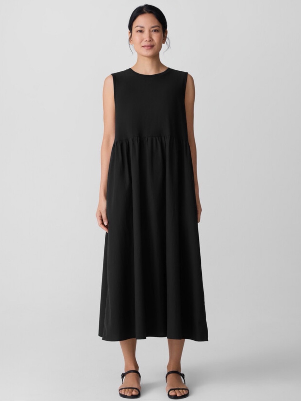 Eileen Fisher Black Organic Cotton Poplin Neck Maxi Dress womens XL
